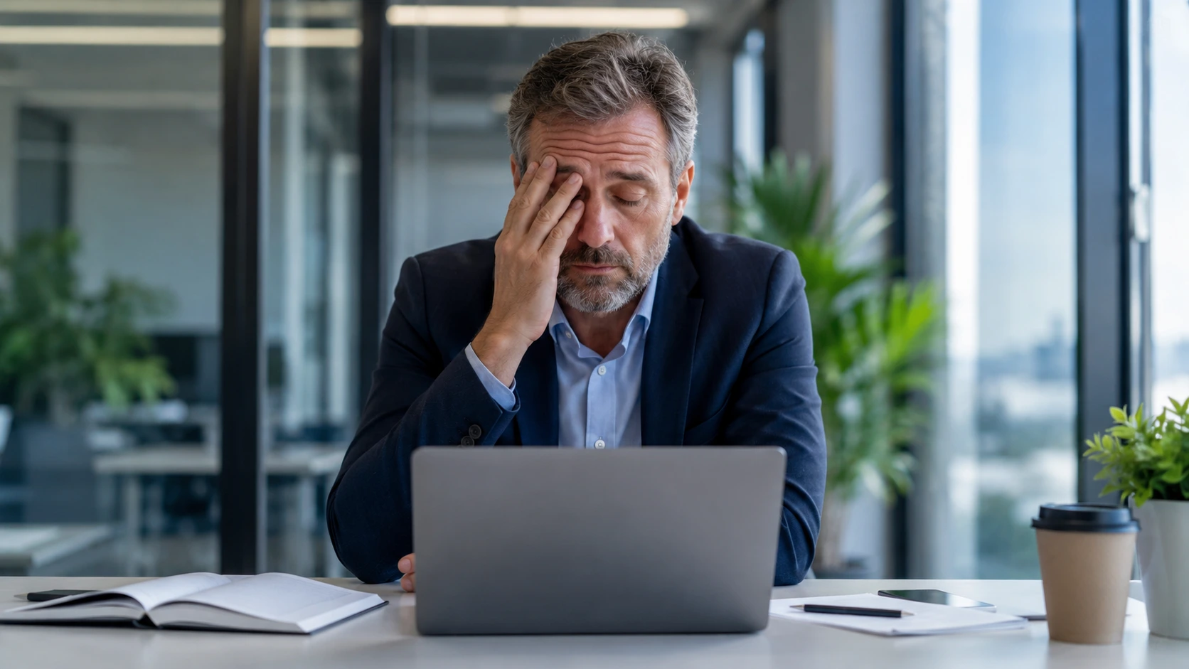 Independent insurance producer at desk overwhelmed by administrative tasks
