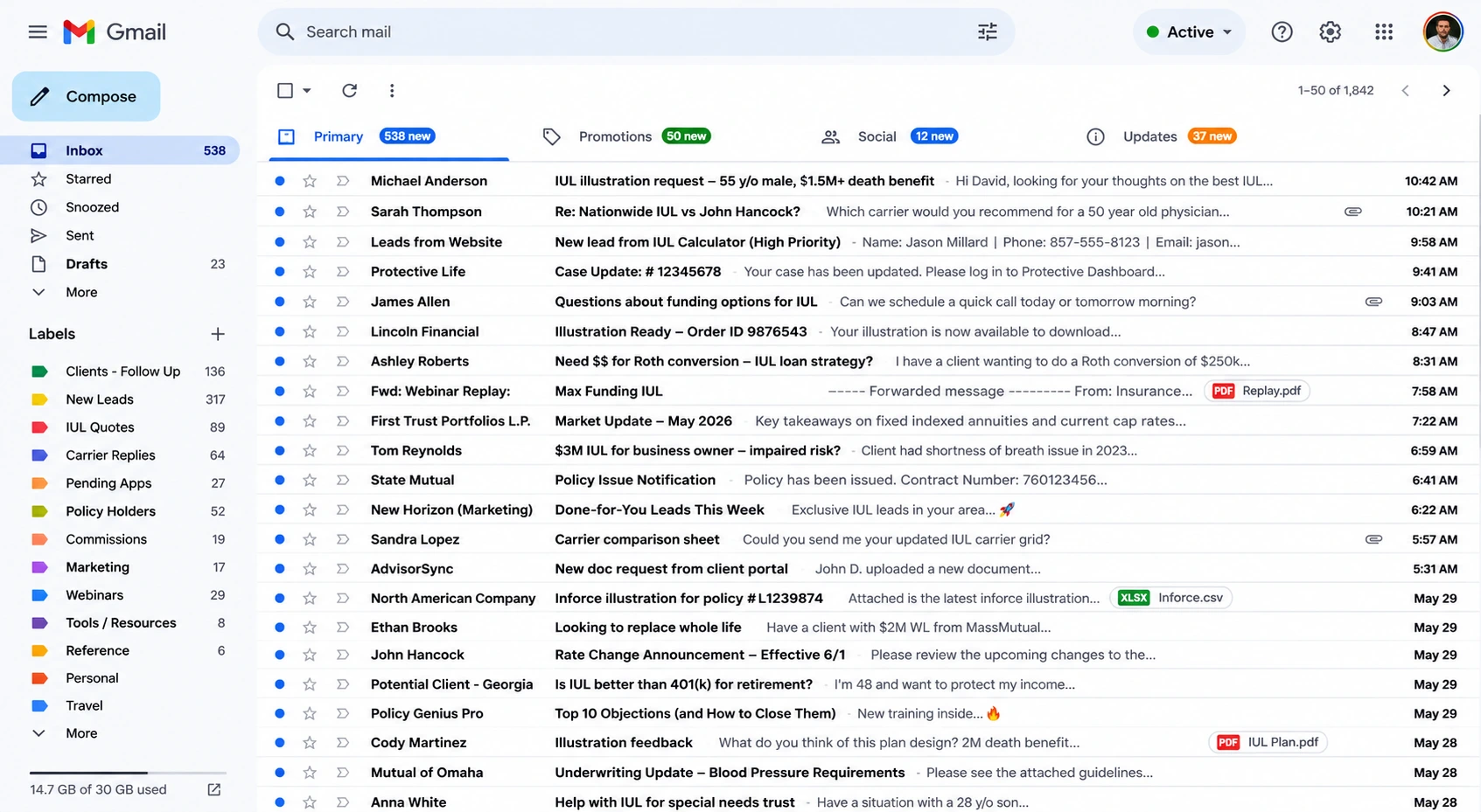 Cluttered inbox with hundreds of unread client emails