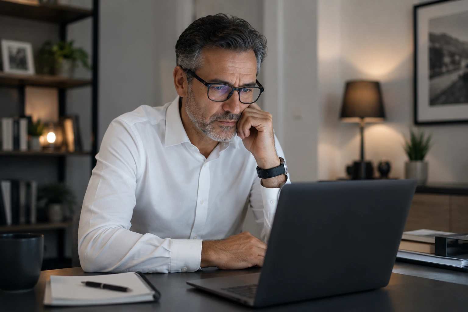 Independent insurance producer looking concerned at an outdated website on his laptop