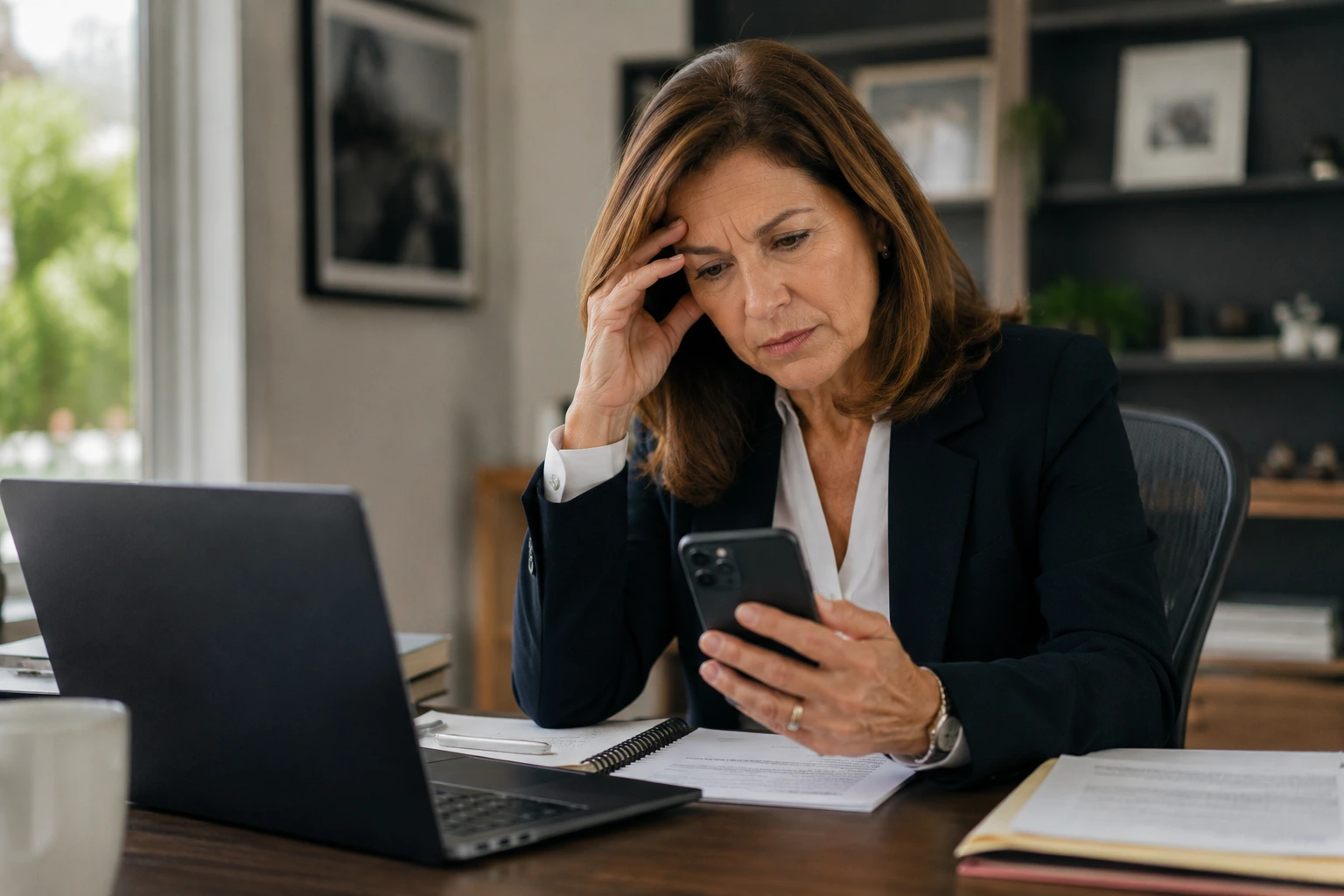 Independent insurance producer looking frustrated while scrolling through his contact list, trying to remember who he needs to follow up with