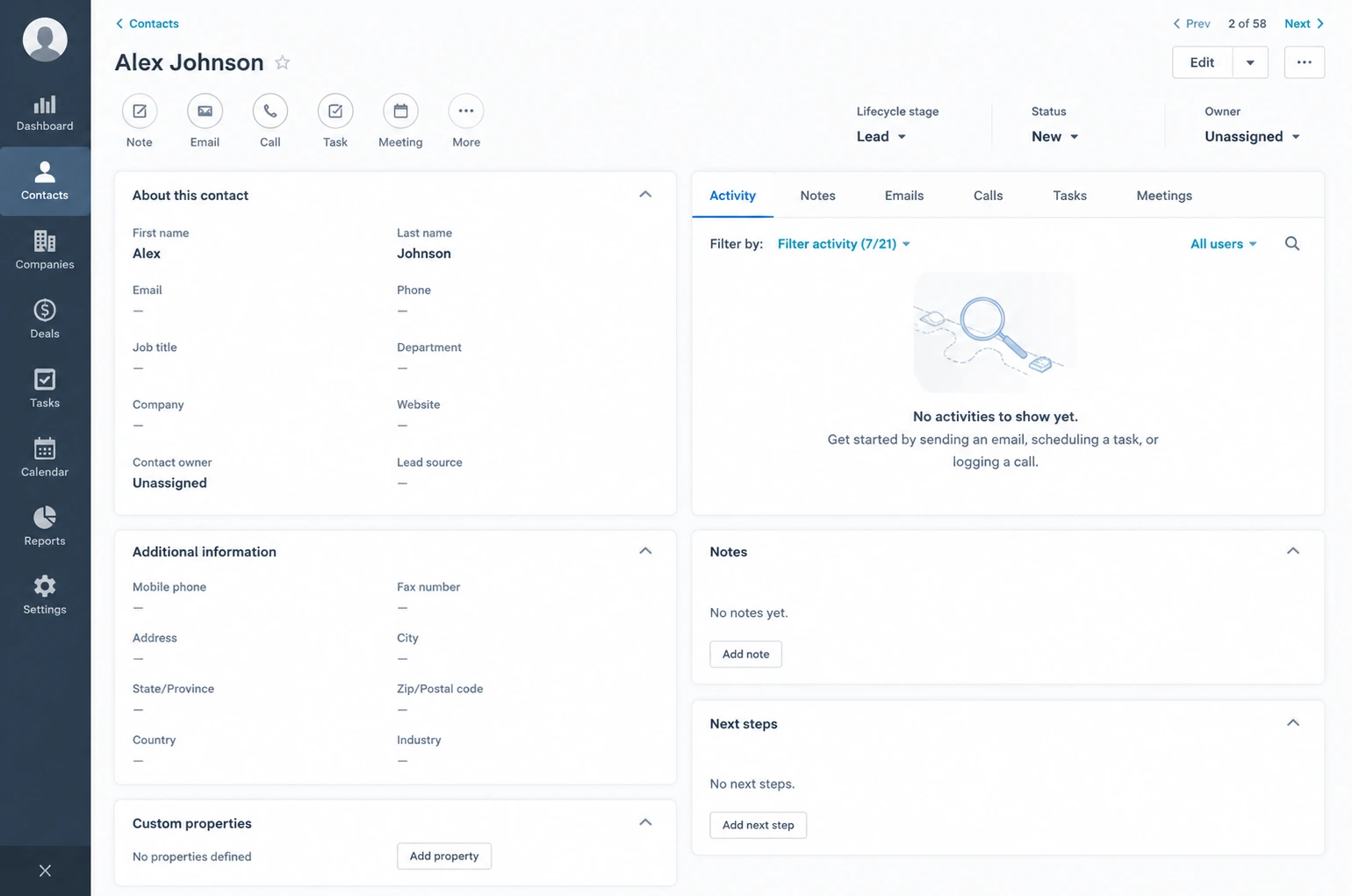 CRM contact record with mostly empty fields, no notes, and no next steps assigned