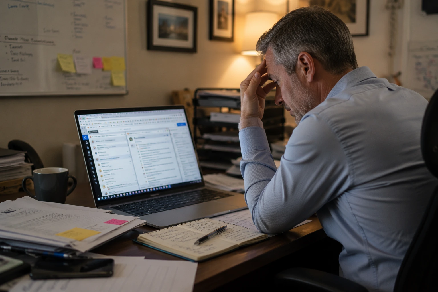 Independent insurance producer overwhelmed at his desk, hand on forehead, looking at a laptop full of open tabs and documents