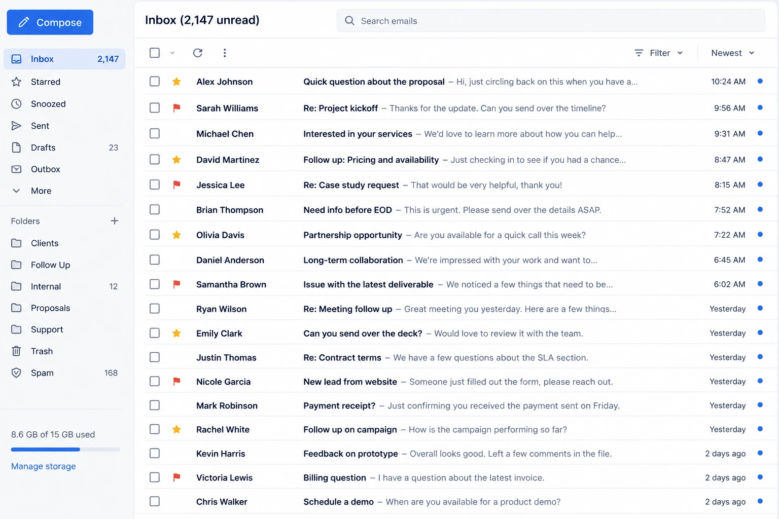 Inbox with a large unread count and several flagged emails, clearly behind on responses