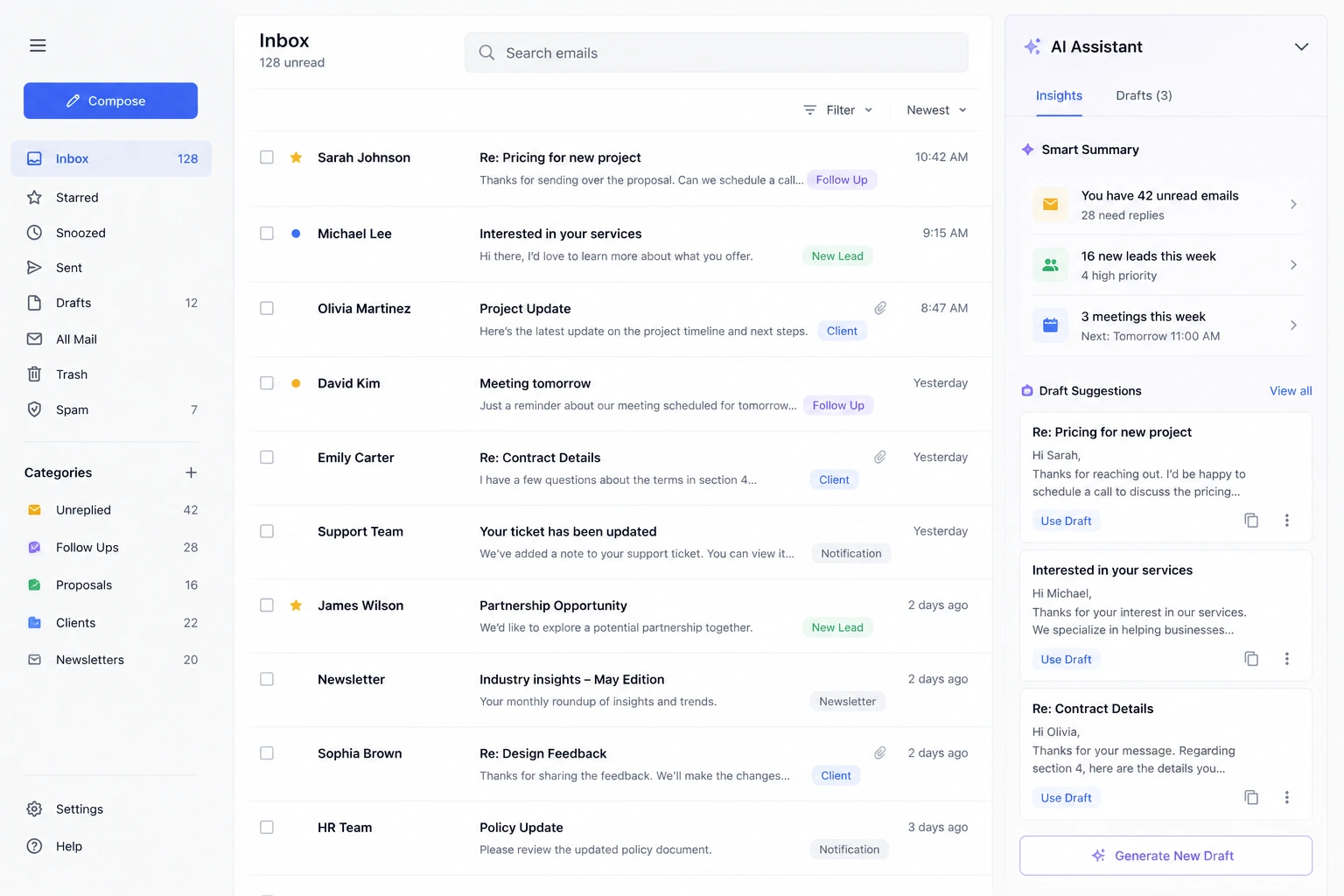 Inbox interface with an AI panel alongside it, showing draft suggestions and auto-sorted categories