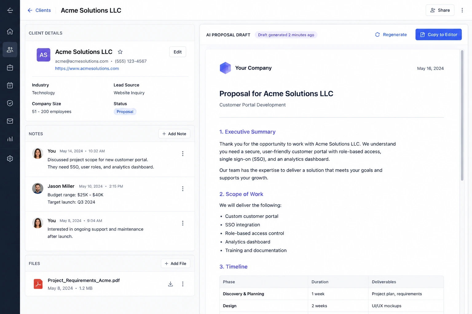 Split view of client details on one side and an AI-generated proposal draft appearing on the other
