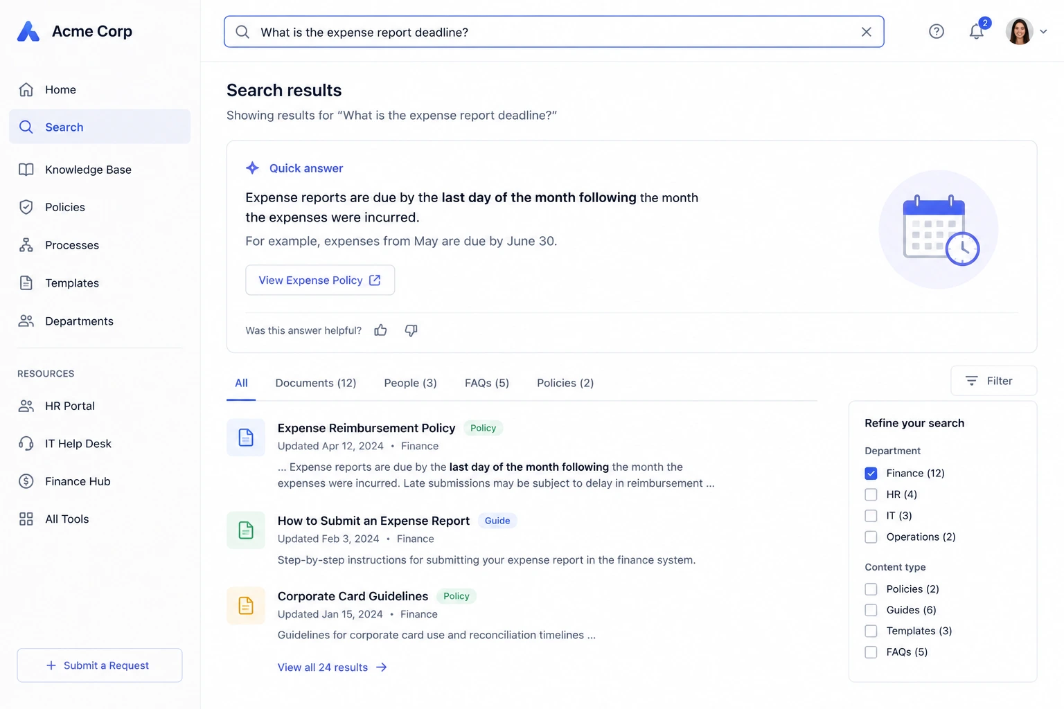 Clean internal search interface returning a fast, specific answer to a typed question